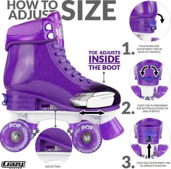 CRAZY Glitter Purple POP Adjustable Size J12-2 OR 3-6 Roller Skates