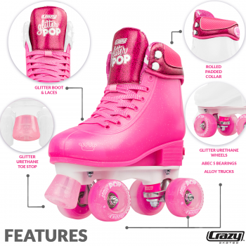 CRAZY Glitter Pink POP Adjustable Size J12-2 OR 3-6 Roller Skates