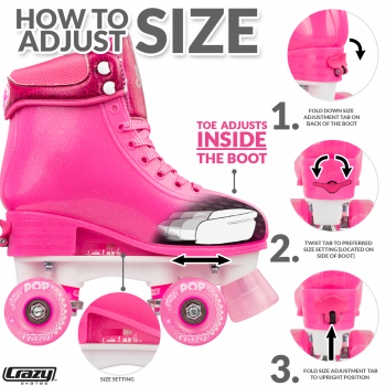 CRAZY Glitter Pink POP Adjustable Size J12-2 OR 3-6 Roller Skates