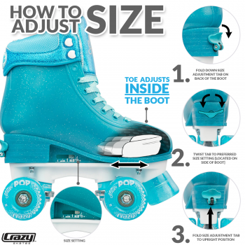 CRAZY Glitter Teal POP Adjustable Size J12-2 OR 3-6 Roller Skates